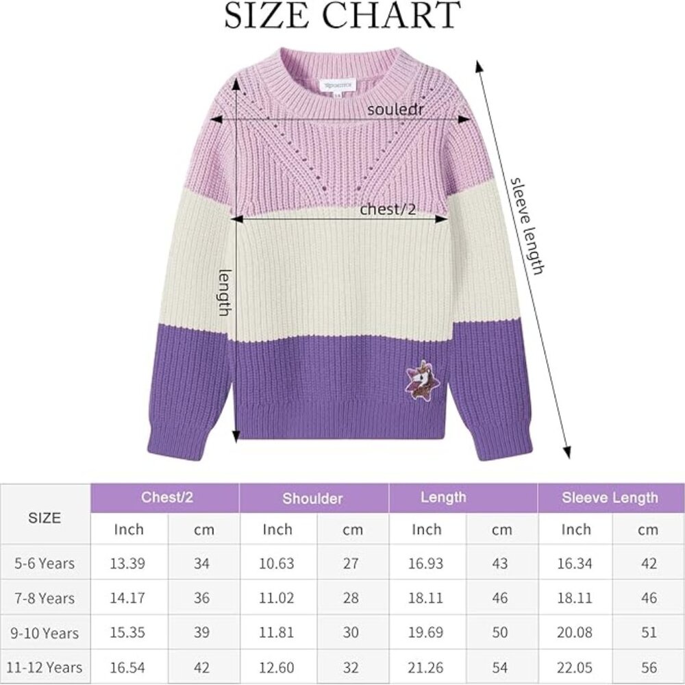 Girls' Color Block Sweaters Knit Long Sleeve Pullover Kids Crewneck Fall Winter - Picture 11 of 11